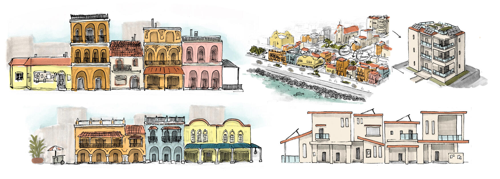 Puerto Nueva Arcitecture Concepts, Original Story, 2024, ink, marker, digital colour