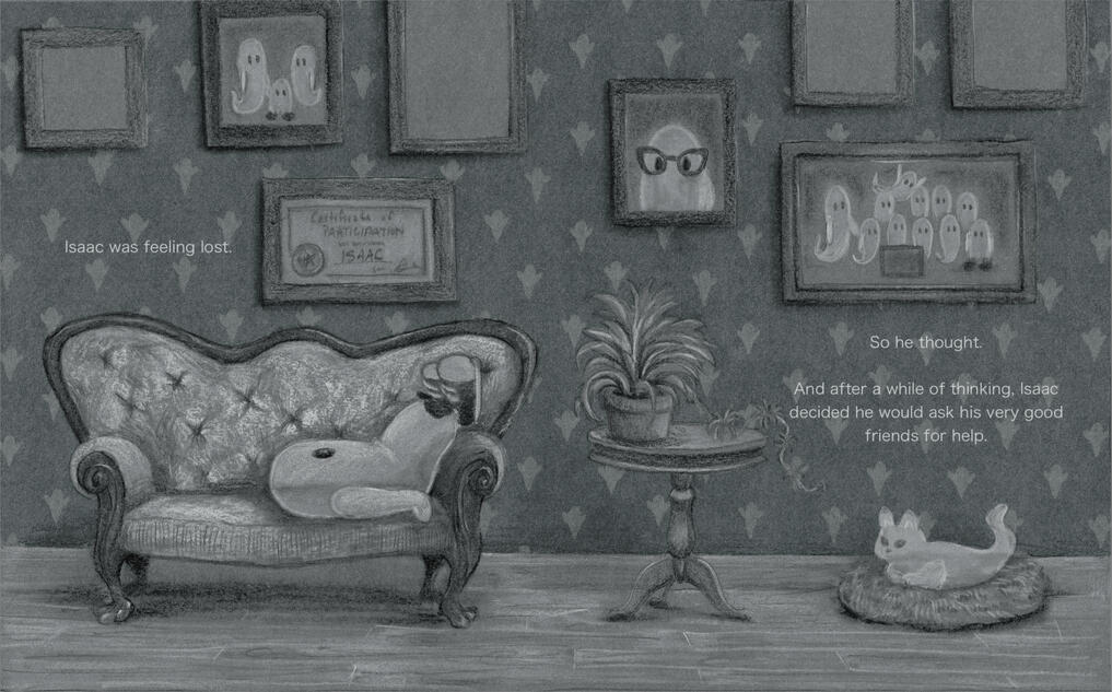 Childrens book spread concept, 2024, graphite, white pencil, digital