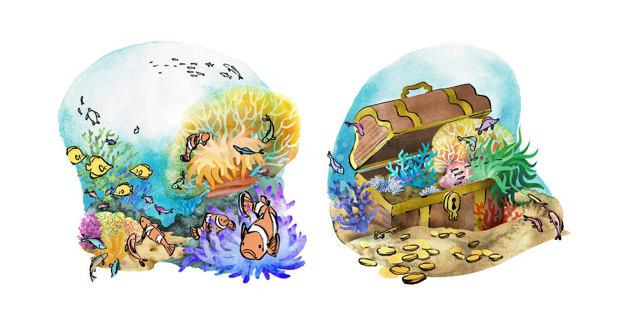 Community &amp; Conservation, Conceptual Illustrations for a Diving Organization, 2024, ink, watercolour textures, digital collage