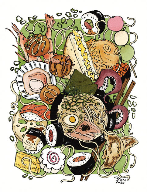 Food in Japan, ink, digital colour, watercolour texture