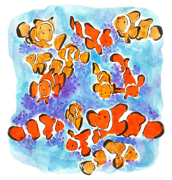 Friends and Anemones, 2023, watercolour, marker, and ink